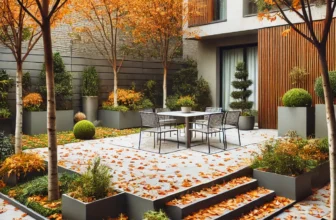 Moderne tuin vol met herfstbladeren bladvrij maken.